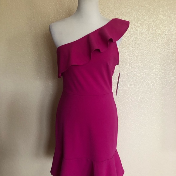 Aqua One Shoulder Ruffle Mini Dress Pink Size L - Picture 1 of 7